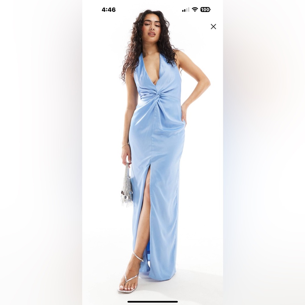 ASOS - Satin halter neck twist front maxi dress in powder blue